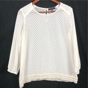 Eclair Sheer Creamy White ChevronPattern Blouse Sz MP Lace Hem Quiet Luxury Boho